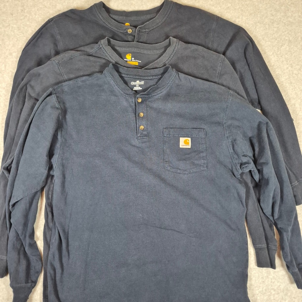 Lot of 3 Carhartt Henley Shirt Mens Medium Navy Blue Long Sleeve Pocket Workwear